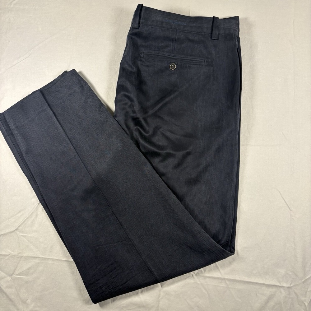 Tommy Bahama Dress Pants Mens 42x34 Navy Silk Rayon Herringbone Flat Front - Picture 2 of 12